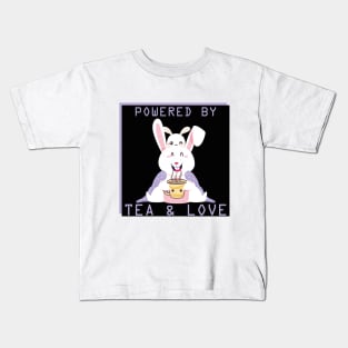 funny bunny design pwered by love and tea Kids T-Shirt